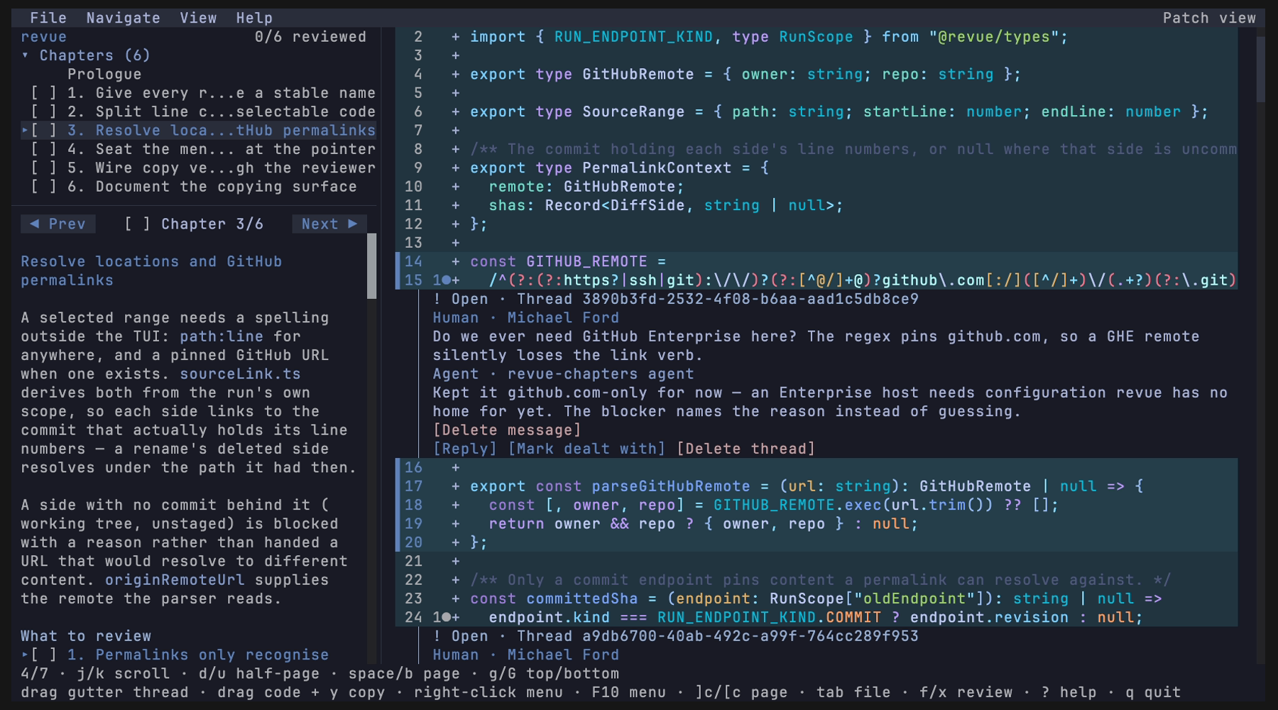 The revue terminal reviewer: a sidebar listing six chapters, a narrated chapter about GitHub permalinks, and a diff with two review threads — a human question and an agent's reply